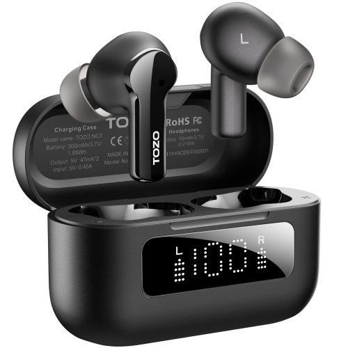 New Arrival TOZO NC3 TWS Earbuds in-ear Bluetooth 5.3 Headset ANC Noise Cancelling LED Digital Power Display-Black