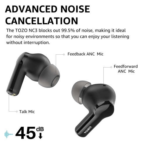New Arrival TOZO NC3 TWS Earbuds in-ear Bluetooth 5.3 Headset ANC Noise Cancelling LED Digital Power Display-Black