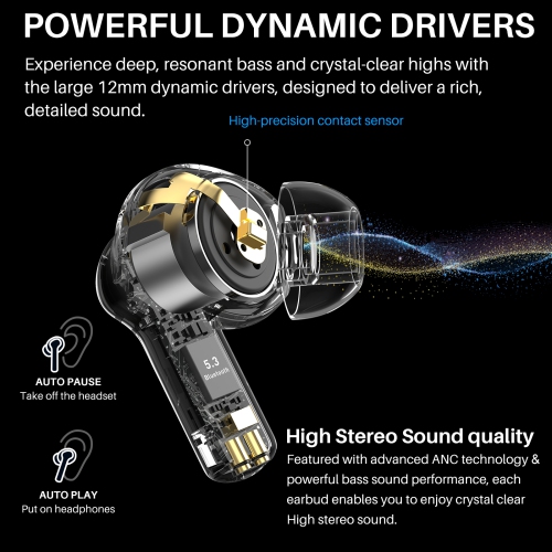 New Arrival TOZO NC3 TWS Earbuds in-ear Bluetooth 5.3 Headset ANC Noise Cancelling LED Digital Power Display-Black