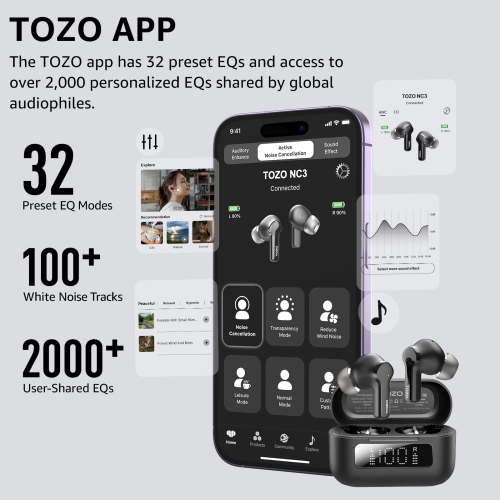 New Arrival TOZO NC3 TWS Earbuds in-ear Bluetooth 5.3 Headset ANC Noise Cancelling LED Digital Power Display-Black