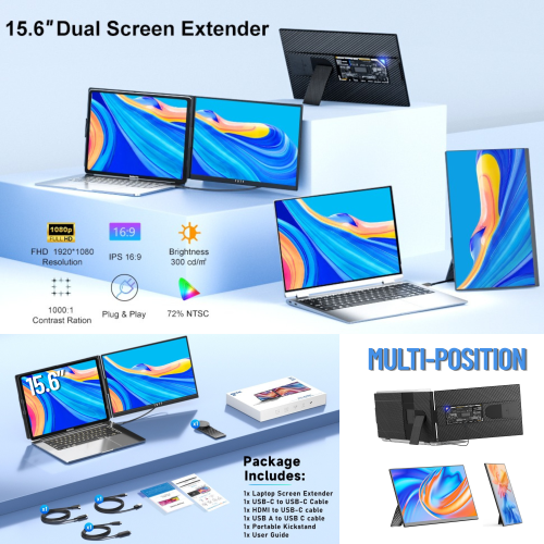Moniteur portatif TUTT de 15 6 po | Prolongateur d'écran FHD IPS multiposition | USB-C et HDMI, haut-parleurs intégrés, P5