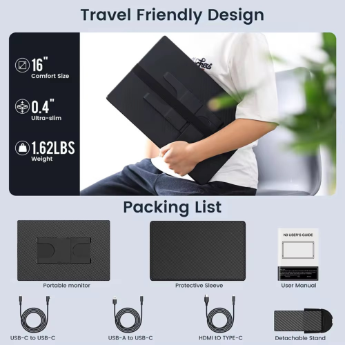 Moniteur portatif avec haut-parleurs TUTT de 16 po | Format 16:10 ultra mince | Support rotatif à 360° | USB-C et HDMI | Moniteur de jeu N3