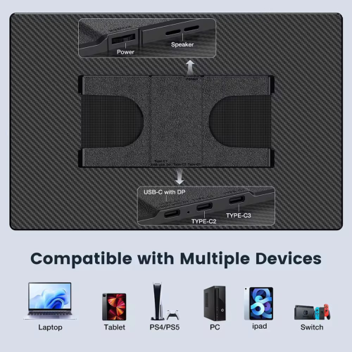 Moniteur portatif avec haut-parleurs TUTT de 16 po | Format 16:10 ultra mince | Support rotatif à 360° | USB-C et HDMI | Moniteur de jeu N3