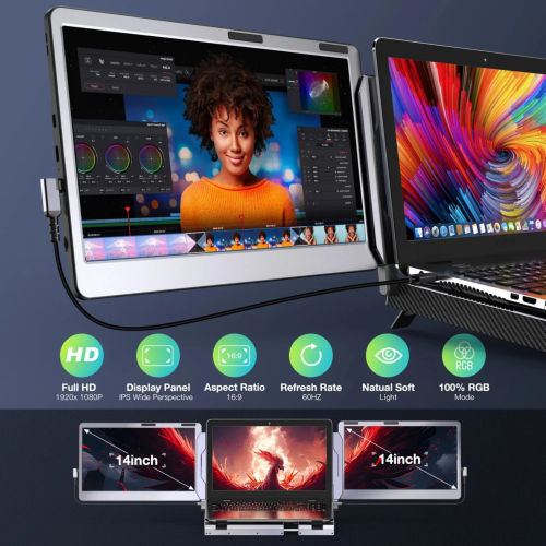 TUTT 14'' Portable Monitor | Laptop Base | 360° Rotation Stand, Multi-Position | F3 for 12-17” Laptop Built-In Speaker | All Devices Compatible with