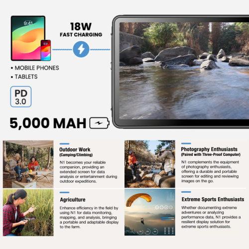 TUTT 12” Touchscreen Rugged Portable Monitor | 5000mAh Battery | Water & Drop Proof | Digital Photo Frame Mode | N1Pro