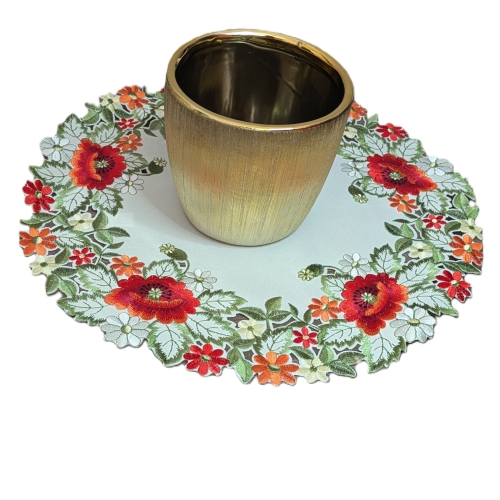 Napperon rond brodé rose lilas Cottage, décoration de table en lin de 15 po de diamètre, résistance à l'eau, lavable à la machine