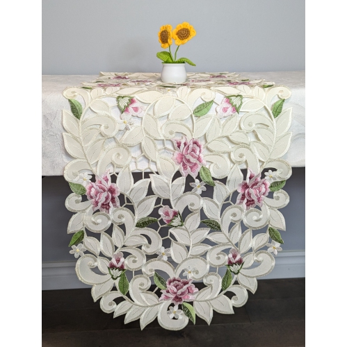 Chemin de table rectangulaire brodé rose lilas Cottage, 16 par 45 po Décor lin de table, résistance à l'eau, lavable à la machine