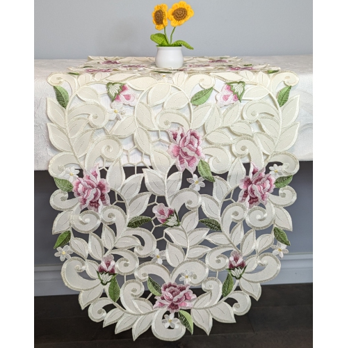 Chemin de table rectangulaire brodé rose lilas Cottage, 14 par 32 po Décor lin de table, résistance à l'eau, lavable à la machine
