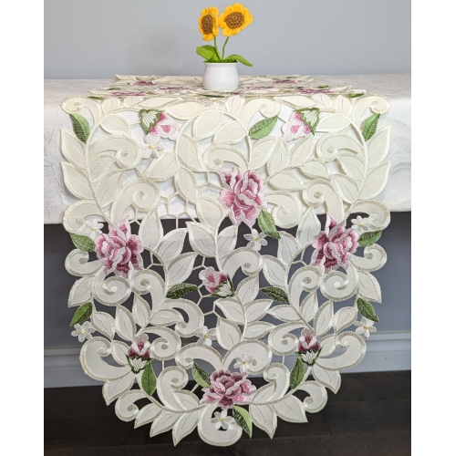 Chemin de table rectangulaire brodé rose lilas Cottage, 14 par 32 po Décor lin de table, résistance à l'eau, lavable à la machine