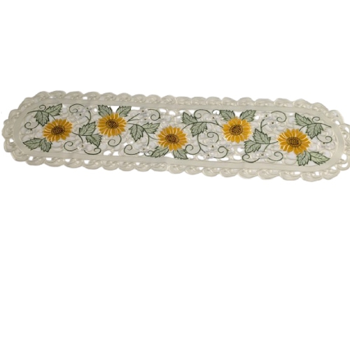 Sunflower Embroidered Cutwork Rectangular Table Runner, 14 by 52 inch Table Linen Decor, Water Resistance, Machine Wash safe