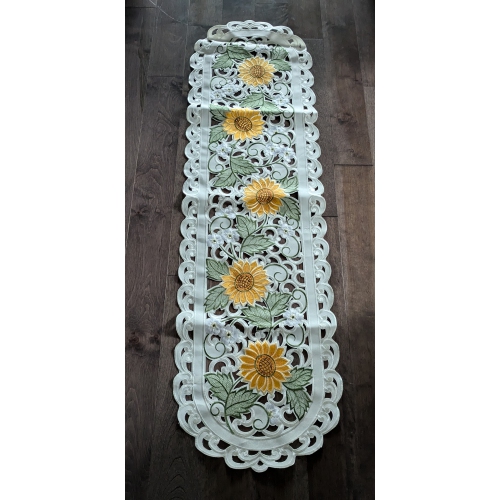 Sunflower Embroidered Cutwork Rectangular Table Runner, 14 by 52 inch Table Linen Decor, Water Resistance, Machine Wash safe