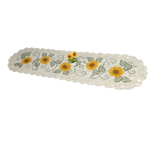 Sunflower Embroidered Cutwork Rectangular Table Runner, 14 by 52 inch Table Linen Decor, Water Resistance, Machine Wash safe