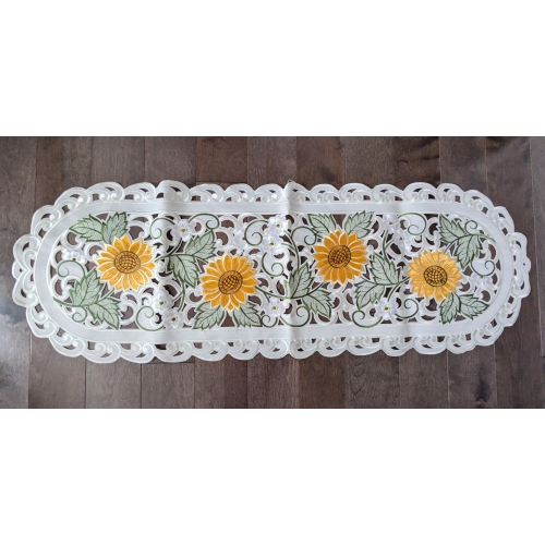 Sunflower Embroidered Cutwork Rectangular Table Runner, 16 by 45 inch Table Linen Decor, Water Resistance, Machine Wash safe