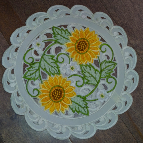 Sunflower Embroidered Cutwork Round Placemat, 11-Inch diameter Table Linen Decor, Water Resistance, Machine Wash safe