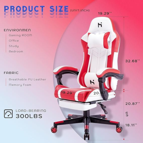 HLDIRECT Gaming Chair, Ergonomic Gaming Chairs for Adults, Video Game Chair with Footrest, Gamer Computer Chair with Highback Headrest and Lumbar