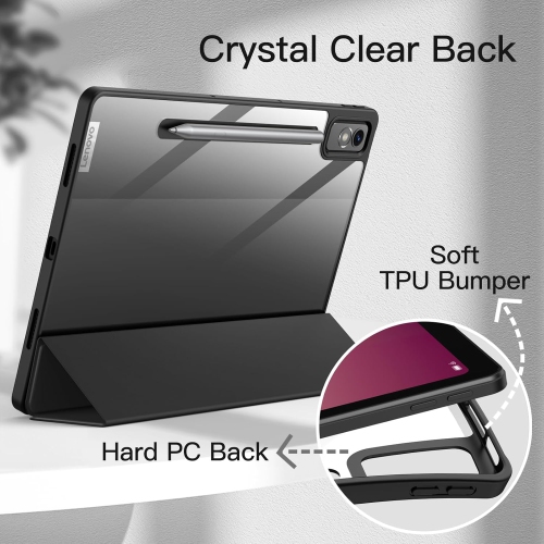 Case for Lenovo Tab P12 12.7-Inch with Stylus Holder, Clear Transparent Hard PC Back, Protective Tri-Fold Stand