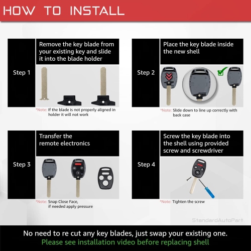 Car Remote Head Key Shell Case Compatible with Honda Civic Fit CR-V Insight Odyssey Pilot Fit