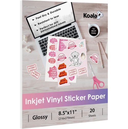 Koala Printable Vinyl Sticker Paper for Inkjet Printers - 20 Sheets Glossy White Waterproof Adhesive Label Paper -