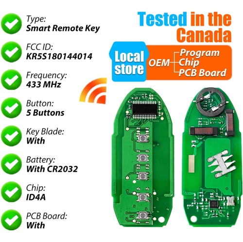 Key Fob Remote Replacement for 2016 2017 2018 Nissan Murano SL Path 5 Buttons 433MHz