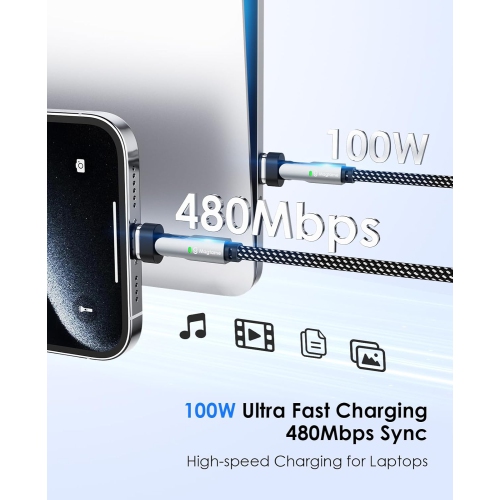 Câble USB-C magnétique à angle droit de 100 W, câble de chargement magnétique 3.3 pi à chargement rapide, USB-C à USB-C à 90 degrés