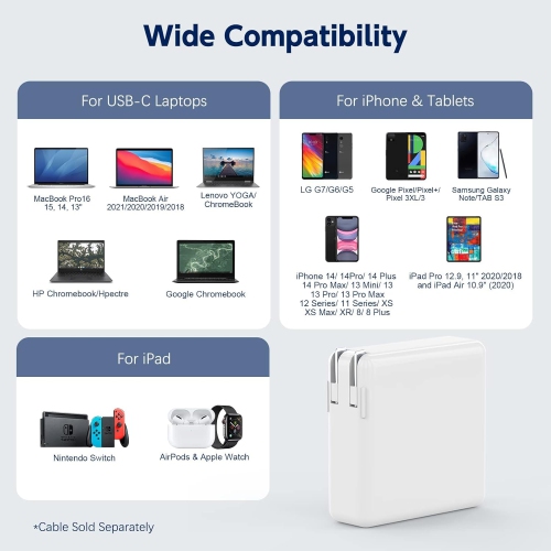 Chargeur MacBook Pro 96 W Chargeur USB-C pour MacBook Pro Air de 13 14 15 16 po 2022/2021/2020/2019/2018, Rapide