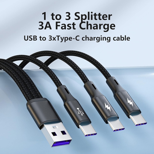 USB C Splitter Cable,USB A Male to 3 Type-C Male Charge Cable,3 in 1 Nylon Braided Charging Cord, 5A Fast