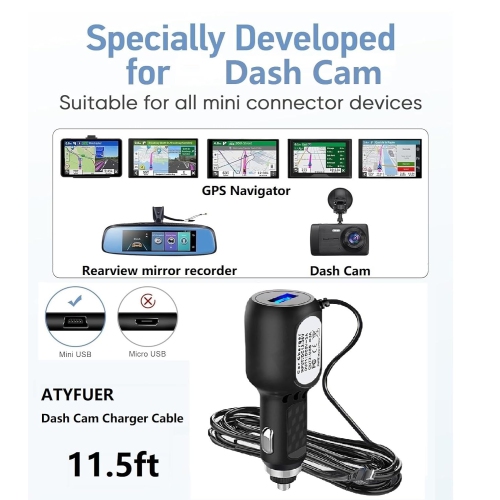 Dash Cam Charger Cable GPS Navigator Power Adapter for Dash Cam, GPS Navigator, Car On-Dash Mounted Cameras