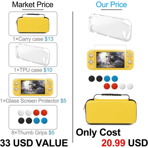 4 in 1 Accessories Kit Compatible with Nintendo Switch Lite, Travel Bag, Carrying Case & Protective Case &