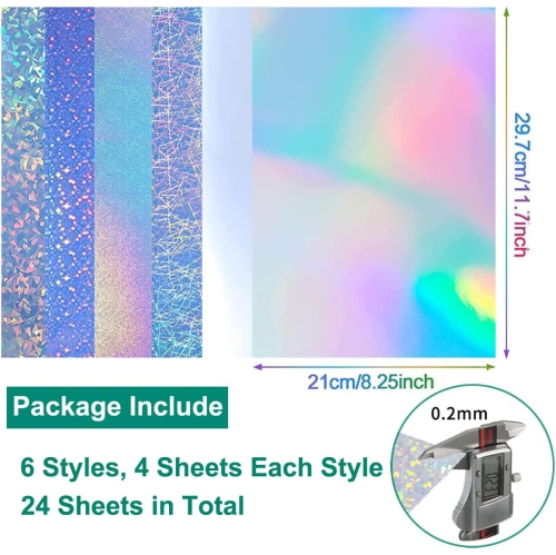 Holographic Vinyl Sticker Paper, 24 Pieces 6 Designs Printable Sparkle Sticker Paper A4 Size（11.7''x8.25''）,