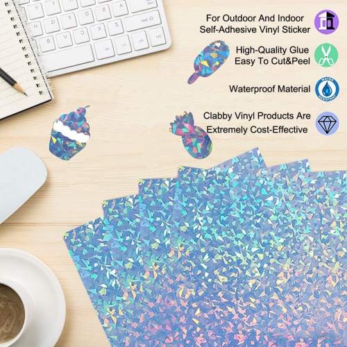 Holographic Vinyl Sticker Paper, 24 Pieces 6 Designs Printable Sparkle Sticker Paper A4 Size（11.7''x8.25''）,