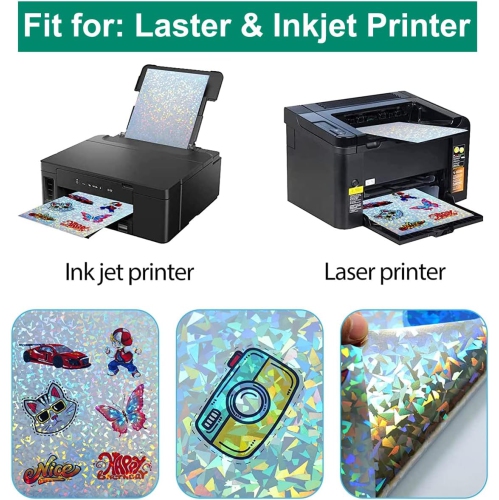 Holographic Vinyl Sticker Paper, 24 Pieces 6 Designs Printable Sparkle Sticker Paper A4 Size（11.7''x8.25''）,