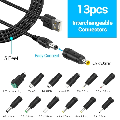 Câble de recharge USB à DC 5 V Cordon d'alimentation universel avec 13 adaptateurs PC; Chargeur 5 V de remplacement pour tablette