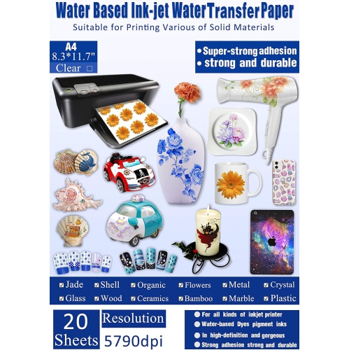 Image 1 de 5.. 20 feuilles Autocollant papier jet d'encre Transférer eau transparent Premium Autocollants de glissade d'eau imprimable, transparent, format A4