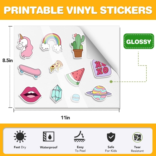 60 PCS Sticker Paper for Inkjet Printer,Printable Vinyl Sticker Paper Dries Quickly Vivid Colors,8.5"x11" Tear