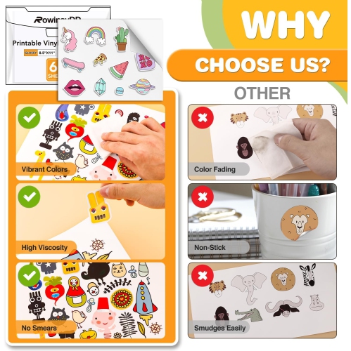 60 PCS Sticker Paper for Inkjet Printer,Printable Vinyl Sticker Paper Dries Quickly Vivid Colors,8.5"x11" Tear