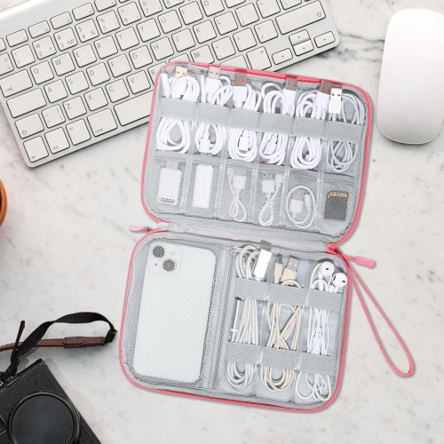 Organisateur électronique de voyage à deux couches pour câbles Sac de rangement portatif pour câble, téléphone, chargeur, alimentation