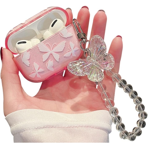 Cute Airpod pro Clear Case with Keychain,Cute Bling Glitter Butterfly Pattern Design Soft Silicone Smooth