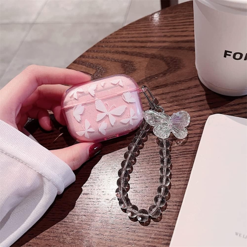 Cute Airpod pro Clear Case with Keychain,Cute Bling Glitter Butterfly Pattern Design Soft Silicone Smooth