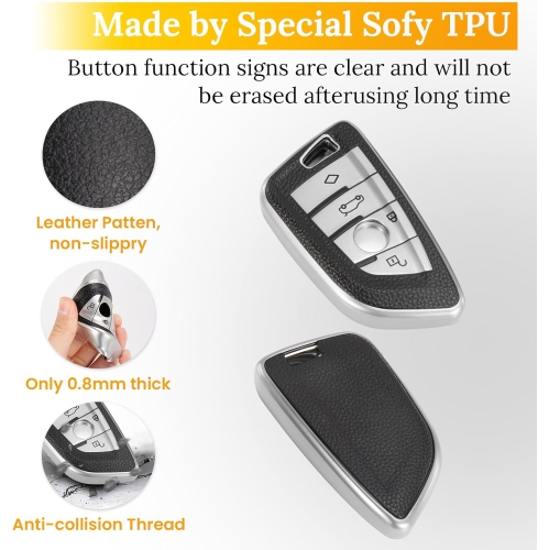 for BMW Key Fob Cover with Leather Keychain, Blade Shape Advanced Soft TPU Surface Grain Key Fob Holder