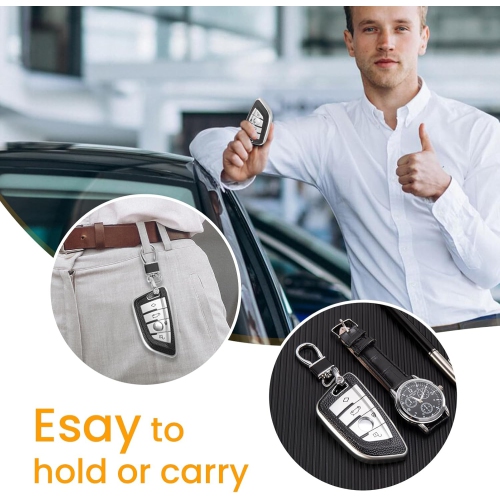 for BMW Key Fob Cover with Leather Keychain, Blade Shape Advanced Soft TPU Surface Grain Key Fob Holder