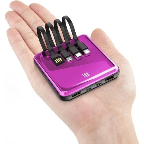 FALUOSHI  Portable Charger With Built In Cables, 10000Mah Slim Power Bank Display, Small External Y Pack With 4 Inputs