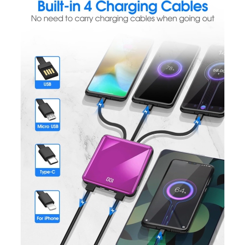 Portable Charger with Built in Cables, 10000mAh Slim Power Bank Display, Small External y Pack with 4 Inputs
