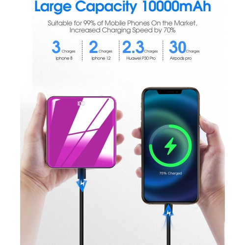 Portable Charger with Built in Cables, 10000mAh Slim Power Bank Display, Small External y Pack with 4 Inputs