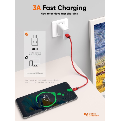 2FT Short USB to USB C Cable, Red USB A to USB C Cable 3A Fast Charging Braided USB C Male to USB Male