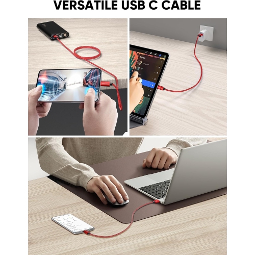 2FT Short USB to USB C Cable, Red USB A to USB C Cable 3A Fast Charging Braided USB C Male to USB Male