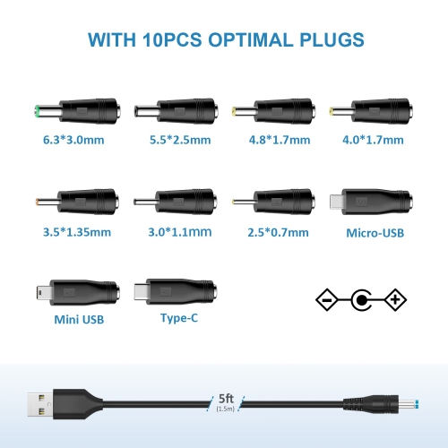 Pow 5V DC Power Cable, USB to DC Plug Charging Cord with 10 Adapter Plugs to Charge Moon Lamp, Pixel Light,