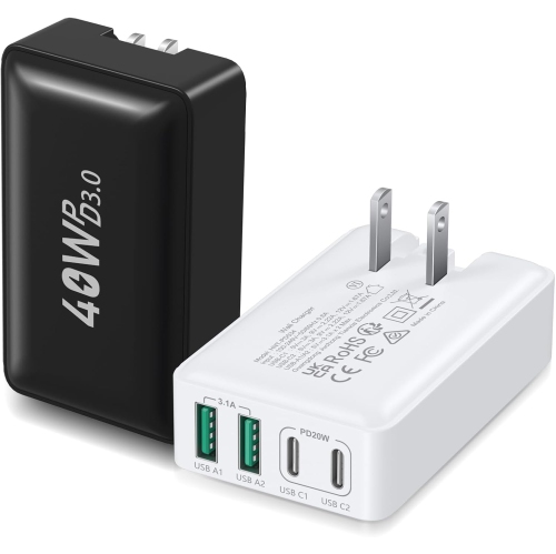 USB C Wall Charger 40W, 4-Port Flat USB C Charging Dual PD+QC Slim Fast Foldable Wall Plug Travel