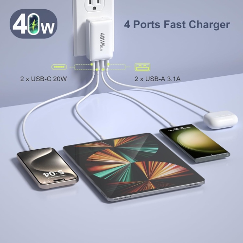 USB C Wall Charger 40W, 4-Port Flat USB C Charging Dual PD+QC Slim Fast Foldable Wall Plug Travel