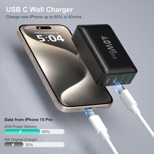 USB C Wall Charger 40W, 4-Port Flat USB C Charging Dual PD+QC Slim Fast Foldable Wall Plug Travel