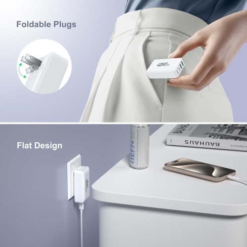 USB C Wall Charger 40W, 4-Port Flat USB C Charging Dual PD+QC Slim Fast Foldable Wall Plug Travel